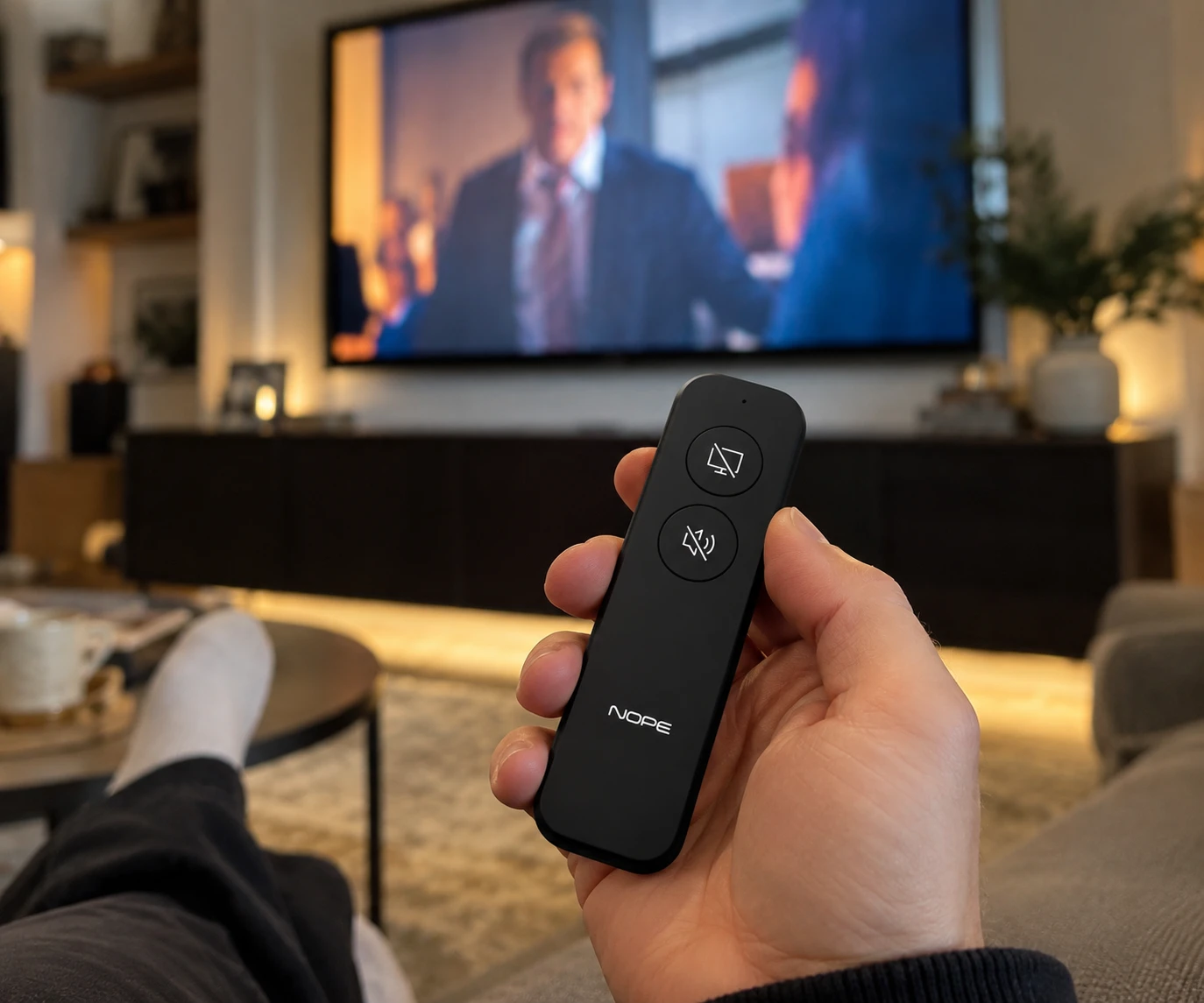 Holding the NOPE remote, pointed at the TV